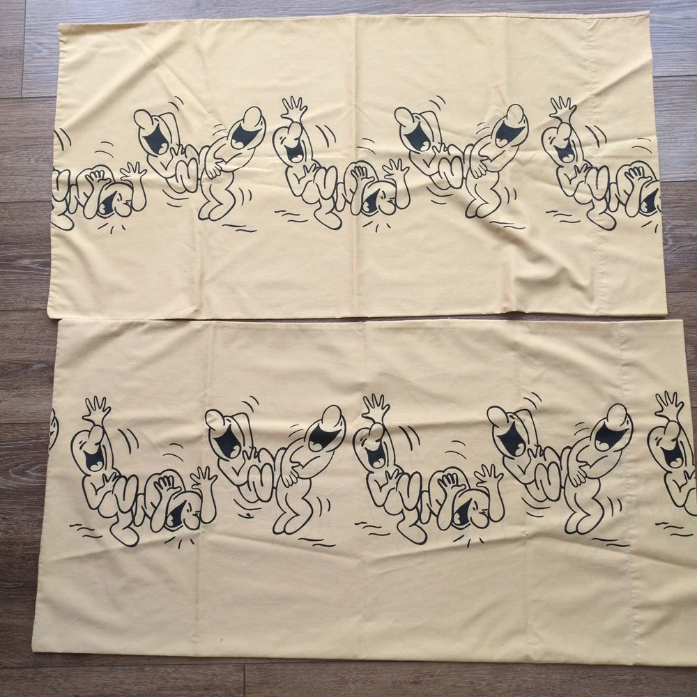 Vtg 70s Henry Syverson Laughing Men Cartoons Cal King Sheet Set Tan Black Pequot
